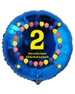 Luftballon aus Folie zum 2. Geburtstag, blauer Rundballon, Balloons, Herzlichen Glückwunsch, inklusive Ballongas