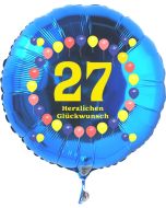 Luftballon aus Folie zum 27. Geburtstag, blauer Rundballon, Zahl 27, Balloons, Herzlichen Glückwunsch, inklusive Ballongas