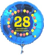 Luftballon aus Folie zum 28. Geburtstag, blauer Rundballon, Zahl 28, Balloons, Herzlichen Glückwunsch, inklusive Ballongas