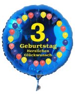 Luftballon aus Folie zum 3. Geburtstag, blauer Rundballon, Balloons, Herzlichen Glückwunsch, inklusive Ballongas