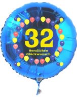 Luftballon aus Folie zum 32. Geburtstag, blauer Rundballon, Zahl 32, Balloons, Herzlichen Glückwunsch, inklusive Ballongas