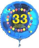 Luftballon aus Folie zum 33. Geburtstag, blauer Rundballon, Zahl 33, Balloons, Herzlichen Glückwunsch, inklusive Ballongas