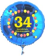 Luftballon aus Folie zum 34. Geburtstag, blauer Rundballon, Zahl 34, Balloons, Herzlichen Glückwunsch, inklusive Ballongas