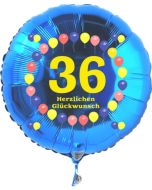 Luftballon aus Folie zum 36. Geburtstag, blauer Rundballon, Zahl 36, Balloons, Herzlichen Glückwunsch, inklusive Ballongas