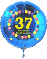 Luftballon aus Folie zum 37. Geburtstag, blauer Rundballon, Zahl 37, Balloons, Herzlichen Glückwunsch, inklusive Ballongas