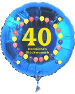 Luftballon aus Folie zum 40. Geburtstag, blauer Rundballon, Zahl 40, Balloons, Herzlichen Glückwunsch, inklusive Ballongas