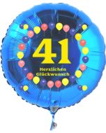 Luftballon aus Folie zum 41. Geburtstag, blauer Rundballon, Zahl 41, Balloons, Herzlichen Glückwunsch, inklusive Ballongas