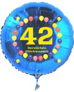 Luftballon aus Folie zum 42. Geburtstag, blauer Rundballon, Zahl 42, Balloons, Herzlichen Glückwunsch, inklusive Ballongas