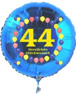 Luftballon aus Folie zum 44. Geburtstag, blauer Rundballon, Zahl 44, Balloons, Herzlichen Glückwunsch, inklusive Ballongas