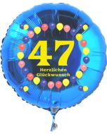 Luftballon aus Folie zum 47. Geburtstag, blauer Rundballon, Zahl 47, Balloons, Herzlichen Glückwunsch, inklusive Ballongas