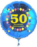 Luftballon aus Folie zum 50. Geburtstag, blauer Rundballon, Zahl 50, Balloons, Herzlichen Glückwunsch, inklusive Ballongas
