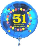 Luftballon aus Folie zum 51. Geburtstag, blauer Rundballon, Zahl 51, Balloons, Herzlichen Glückwunsch, inklusive Ballongas
