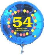 Luftballon aus Folie zum 54. Geburtstag, blauer Rundballon, Zahl 54, Balloons, Herzlichen Glückwunsch, inklusive Ballongas