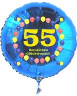 Luftballon aus Folie zum 55. Geburtstag, blauer Rundballon, Zahl 55, Balloons, Herzlichen Glückwunsch, inklusive Ballongas