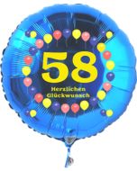 Luftballon aus Folie zum 58. Geburtstag, blauer Rundballon, Zahl 58, Balloons, Herzlichen Glückwunsch, inklusive Ballongas