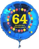 Luftballon aus Folie zum 64. Geburtstag, blauer Rundballon, Balloons, Herzlichen Glückwunsch, inklusive Ballongas