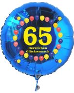 Luftballon aus Folie zum 65. Geburtstag, blauer Rundballon, Balloons, Herzlichen Glückwunsch, inklusive Ballongas