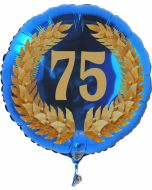 Luftballon aus Folie zum 75. Geburtstag, blauer Rundballon, Zahl 75 im Lorbeerkranz, inklusive Ballongas