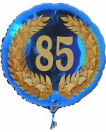 Luftballon aus Folie zum 85. Geburtstag, blauer Rundballon, Zahl 85 im Lorbeerkranz, inklusive Ballongas