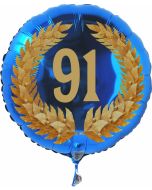 Luftballon aus Folie mit Ballongas, Zahl 91 im Lorbeerkranz, zum 91. Geburtstag, Jubiläum oder Jahrestag