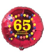 Luftballon aus Folie zum 65. Geburtstag, roter Rundballon, Balloons, Herzlichen Glückwunsch, inklusive Ballongas
