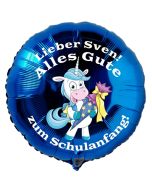 Alles Gute zum Schulanfang personalisierter blauer Luftballon mit Einhorn und Namen des Schulanfängers aus Folie inklusive Ballongas Helium