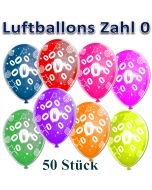 Luftballons Zahl 0 zum Geburtstag, 50 Stück, bunt