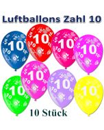 Luftballons Zahl 10 zum 10. Geburtstag, 10 Stück, bunt