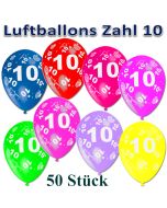Luftballons Zahl 10 zum 10. Geburtstag, 50 Stück, bunt
