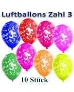 Luftballons Zahl 3 zum 3. Geburtstag, 10 Stück, bunt