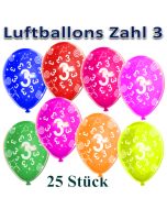 Luftballons Zahl 3 zum 3. Geburtstag, 25 Stück, bunt