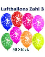 Luftballons Zahl 3 zum 3. Geburtstag, 50 Stück, bunt