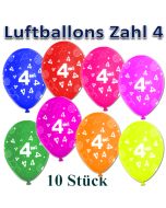 Luftballons Zahl 4 zum 4. Geburtstag, 10 Stück, bunt