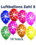 Luftballons Zahl 5 zum 5. Geburtstag, 10 Stück, bunt