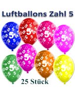 Luftballons Zahl 5 zum 5. Geburtstag, 25 Stück, bunt