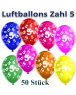 Luftballons Zahl 5 zum 5. Geburtstag, 50 Stück, bunt