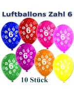 Luftballons Zahl 6 zum 6. Geburtstag, 10 Stück, bunt