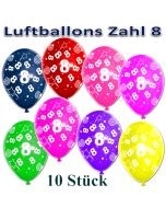 Luftballons Zahl 8 zum 8. Geburtstag, 10 Stück, bunt