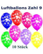 Luftballons Zahl 9 zum 9. Geburtstag, 10 Stück, bunt