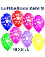 Luftballons Zahl 9 zum 9. Geburtstag, 50 Stück, bunt