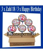 Luftballons mit Helium zum 18. Geburtstag, 3 Luftballons Happy Birthday und 3 Luftballons mit der Zahl 18