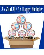 Luftballons mit Helium zum 30. Geburtstag, 3 Luftballons Happy Birthday und 3 Luftballons mit der Zahl 30