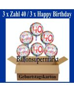 Luftballons mit Helium zum 40. Geburtstag, 3 Luftballons Happy Birthday und 3 Luftballons mit der Zahl 40