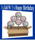Luftballons mit Helium zum 50. Geburtstag, 3 Luftballons Happy Birthday und 3 Luftballons mit der Zahl 50