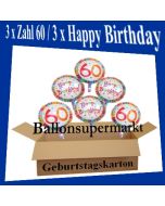 Luftballons mit Helium zum 60. Geburtstag, 3 Luftballons Happy Birthday und 3 Luftballons mit der Zahl 60