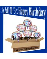 Luftballons mit Helium zum 70. Geburtstag, 3 Luftballons Happy Birthday und 3 Luftballons mit der Zahl 70