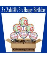 Luftballons mit Helium zum 80. Geburtstag, 3 Luftballons Happy Birthday und 3 Luftballons mit der Zahl 80