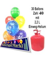 30 Luftballons Zahl 40 zum 40. Geburtstag mit dem Helium-Einwegbehälter