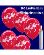 Luftballons Helium Maxi Set, 100 Luftballons in Rubinrot mit weißen Hochzeitstauben