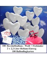 Luftballons zur Hochzeit steigen lassen, 100 weiße Herzluftballons Helium-Einweg Set mit Ballonflugkarten